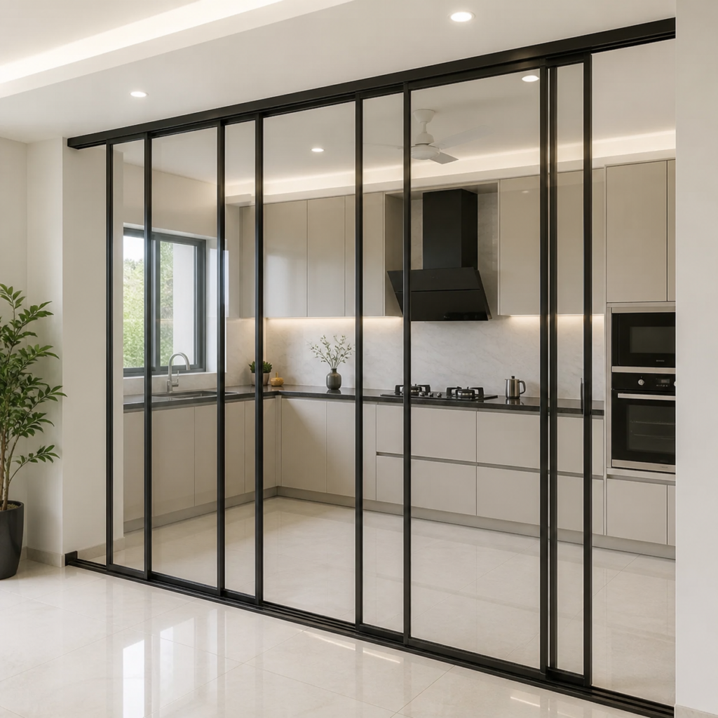 Telescopic glass partition in kitchen Areas